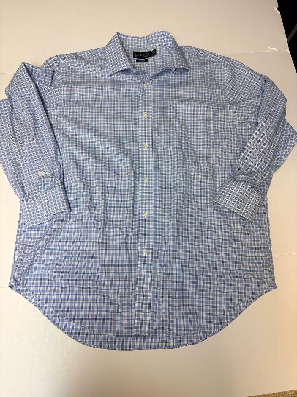 Lauren Ralph Lauren Men 17.5 34/35 Blue Plaid Non Iron Cotton Dress Shirt